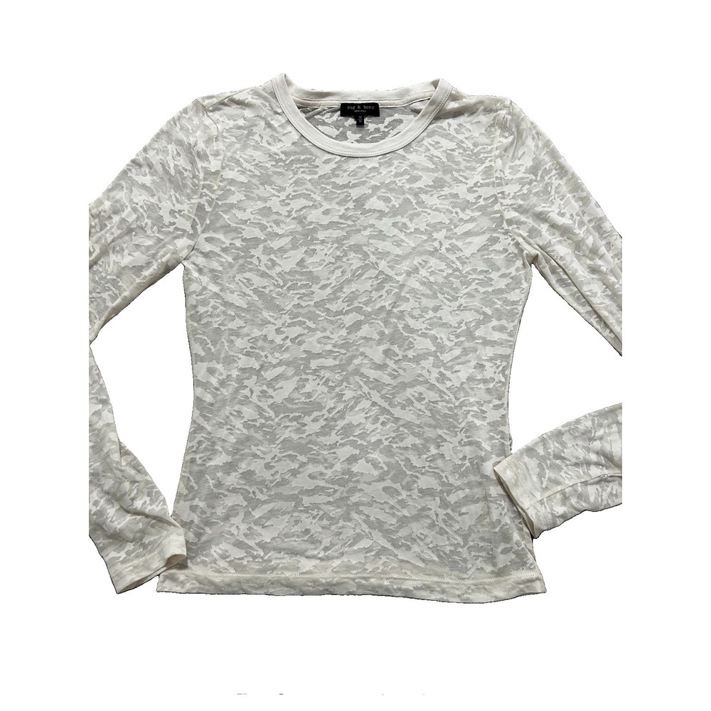 Rag & Bone Women's M Burnout Camo Long Sleeve Tee Sheer Ivory Gray Crewneck Top
